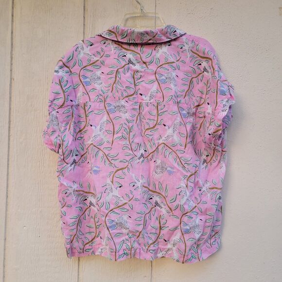 Cynthia Rowley linen bird print button Up top Wmns Sz Large Blouse Coastal Boxy - Picture 3 of 4